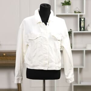 Athleta Double Time Classic White Denim Jacket Large NWOT Snap Front Athleisure